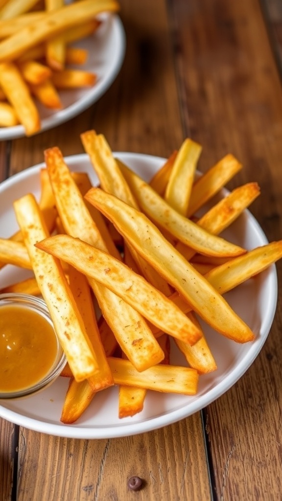 Crispy Jicama Fries in Air Fryer Crispy jicama fries served on a plate with dipping sauce on a rustic table.